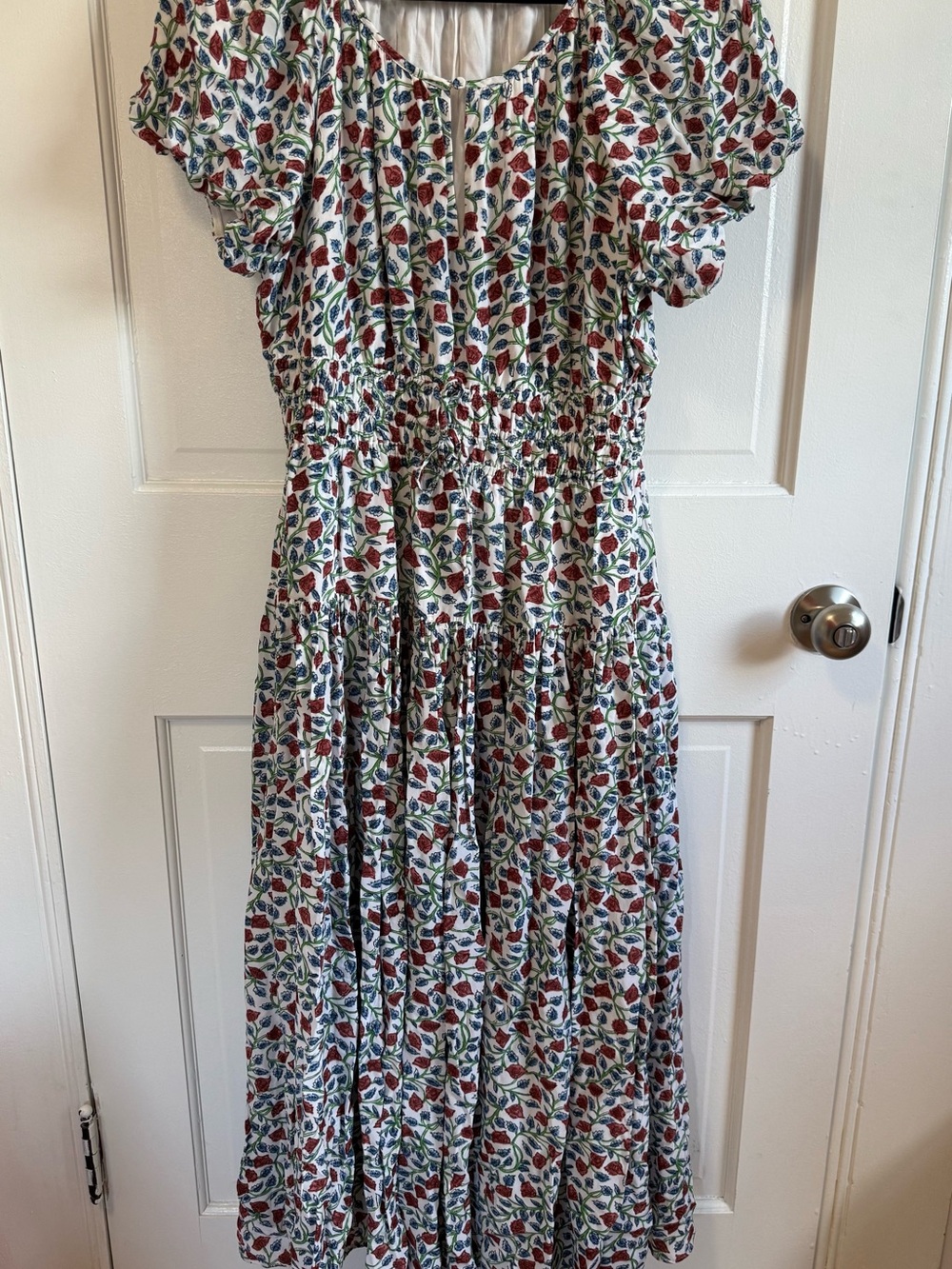 Floral Dress in White with Red & Blue Print